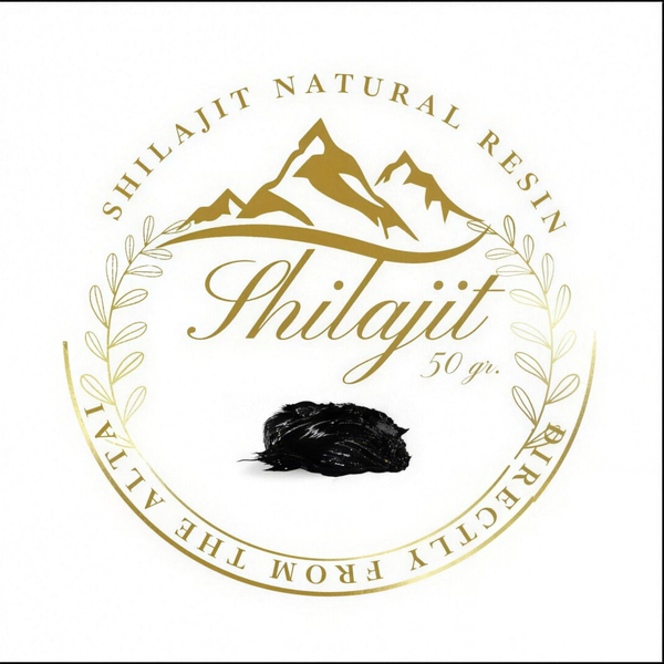 Shilajit (Mumijo) – Verpackungsetikett mit Harzstück, Altai, Thunderpilz