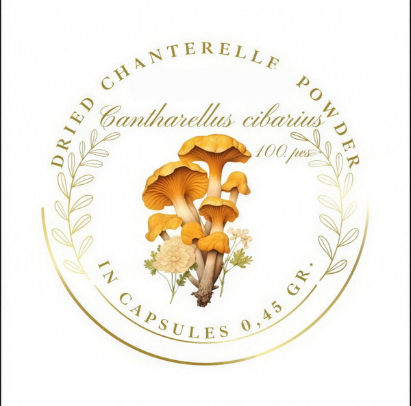 Pfifferling (Cantharellus cibarius) – Verpackungsetikett mit Pilz-Illustration, Thunderpilz